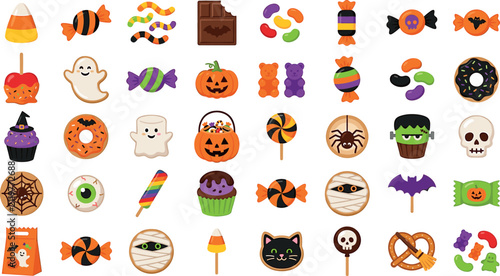 Fotografie Halloween candy sweet food icon vector set with spooky treats pumpkin lollipop c