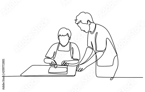 Continuous line drawing of a man teaching a student how to bake or cook in the kitchen Vector, illustration