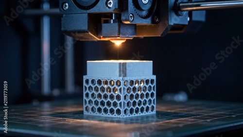 3D printer creating a complex grey honeycomb structure with glowing nozzle tip