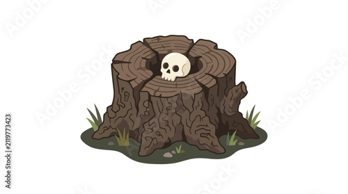 Creepy human skull inside rotten wooden tree stump illustration for horror art isolated on white background