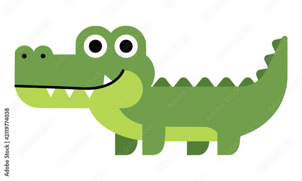 Fototapeta premium Friendly cartoon crocodile with a wide smile and simple geometric shapes isolated on white background. Playful animal character concept