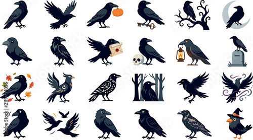 Halloween raven bird vector icon set with spooky black crows featuring pumpkin skull tombstone and witch hat