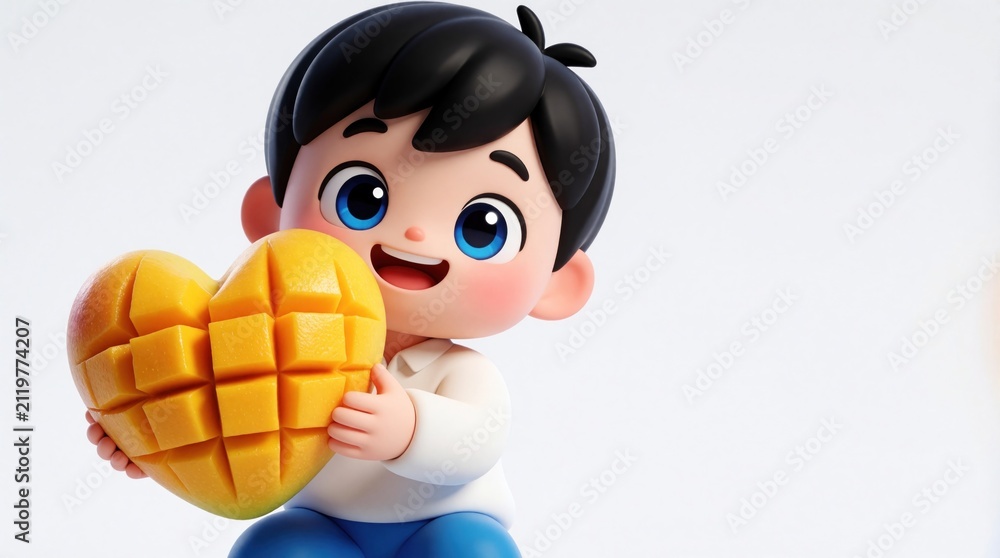 Obraz premium Smiling boy holds large heart shaped yellow mango fruit in hands. 3d character cartoon design features cheerful kid with blue eyes, dark hair. Cute digital avatar brings happy feelings of love,