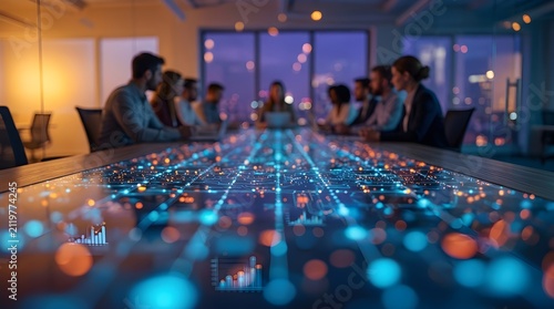 Business team in a modern corporate boardroom collaborating around a glowing interactive digital table during a night meeting