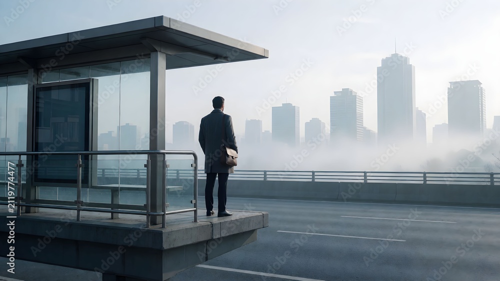 Fototapeta premium Urban professional contemplating city skyline from rooftop pavilion during misty morning