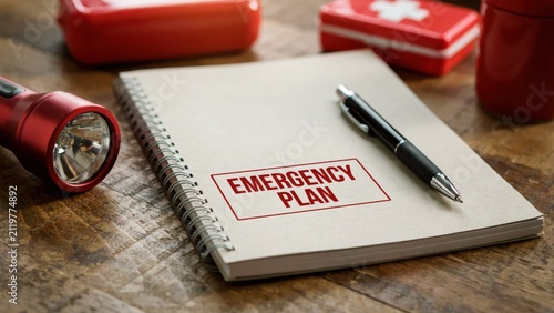 Emergency Plan Notebook with First Aid Kit and Flashlight on a Wooden Table