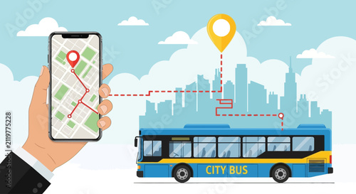 Canvas Print Smart city bus tracking app on smartphone, mobile navigation map with GPS pin, p