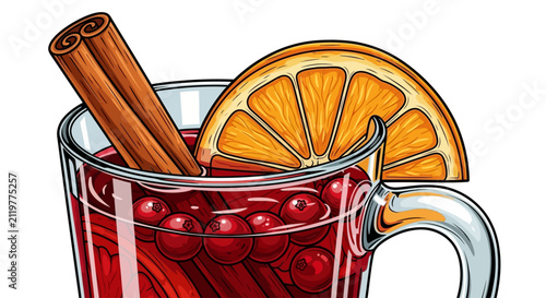 Cuadro en lienzo Mulled wine vector illustration, hot winter drink with orange slice and cinnamon
