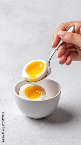 Hand holding a spoon with a half soft boiled egg over a bowl