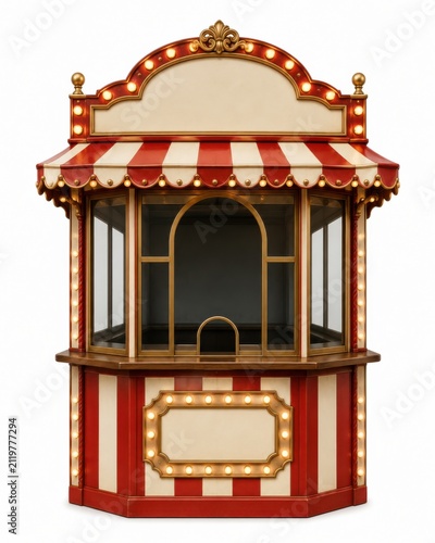 Classic red and white striped carnival booth with ornate decorations. Vintage amusement park ticket stand featuring golden accents and curved roof.