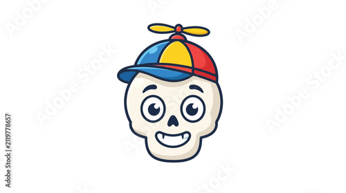Cute cartoon skull character with colorful propeller hat isolated on white background
