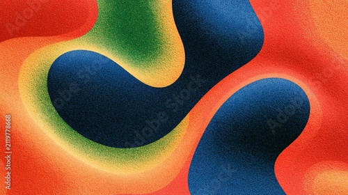 Textured abstract graphic with soft fluid rounded shapes, cool dark blue blobs wrapped by green yellow gradient rings blending into orange red zones, full uniform grain noise texture mimicking sand an
