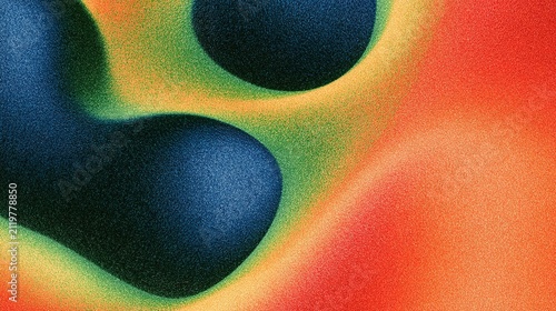 Textured abstract graphic with soft fluid rounded shapes, cool dark blue blobs wrapped by green yellow gradient rings blending into orange red zones, full uniform grain noise texture mimicking sand an