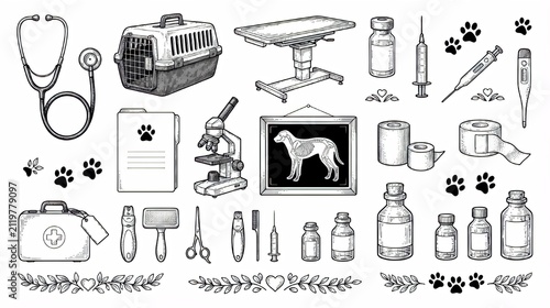 Hand draw veterinary medicine and pet care elements set, stethoscope, microscope, medical tools, and vector illustration