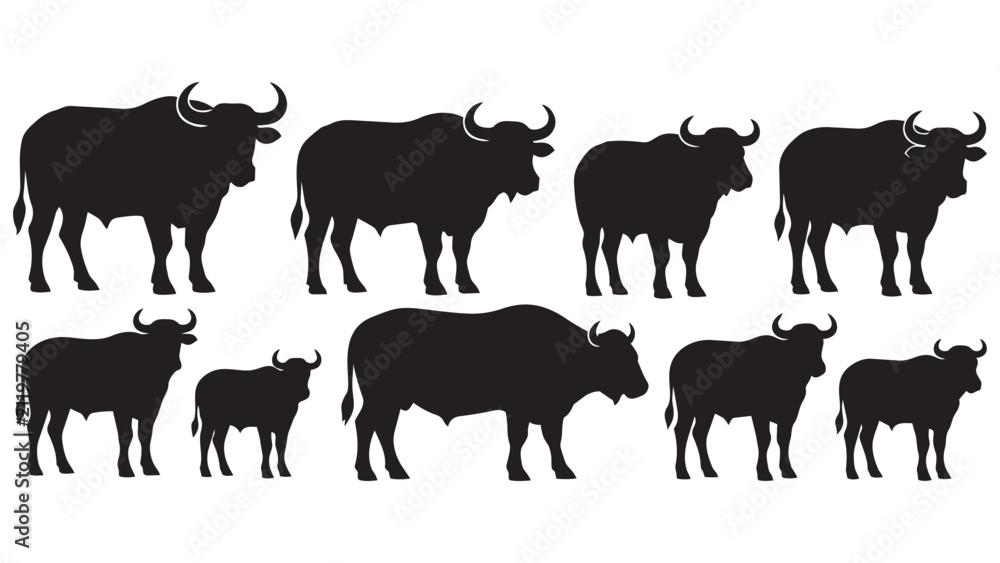 Fototapeta premium Black Silhouette Yaks and Buffalo Herd Illustration - Minimalist Animal Line Art for Design, Logo, Poster, and Branding Use