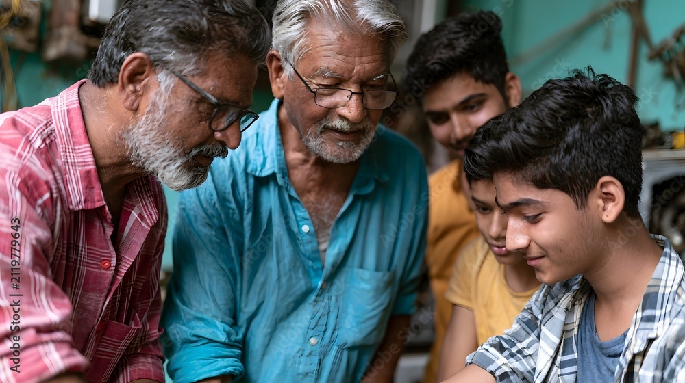 Obraz premium A group of men gathered closely around a device focused on examining or repairing something together