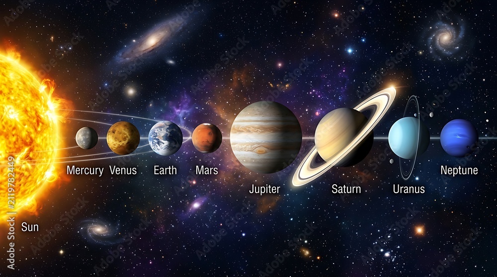 Naklejka premium Planetary alignment of solar system planets in deep space with astronomy