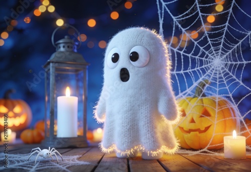 Cute knit ghost character surrounded by pumpkins and candles in a spooky night setting
