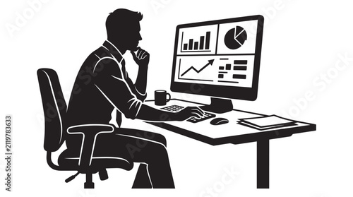 Принти на полотні Man Working At Desk With Computer Black Silhouette