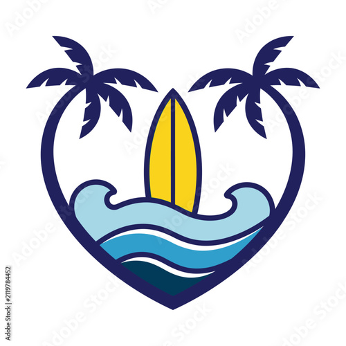 Surfboard heart shaped logo with palm trees and waves