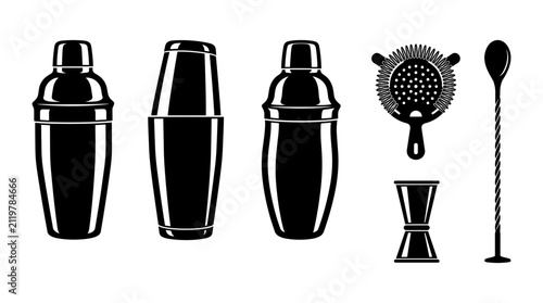 Cocktail Shakers and Tools Including a Jigger and a Bar Spoon Featuring Shaker, Tool, Drink with Mixer and Bartender Elements