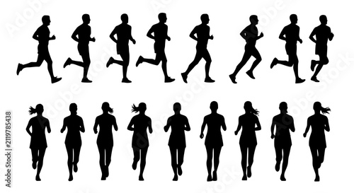 Running men and women, isolated vector silhouettes. Run, side and front view. Silhouettes of athletic looking male and female runners running. Transparent PNG version.