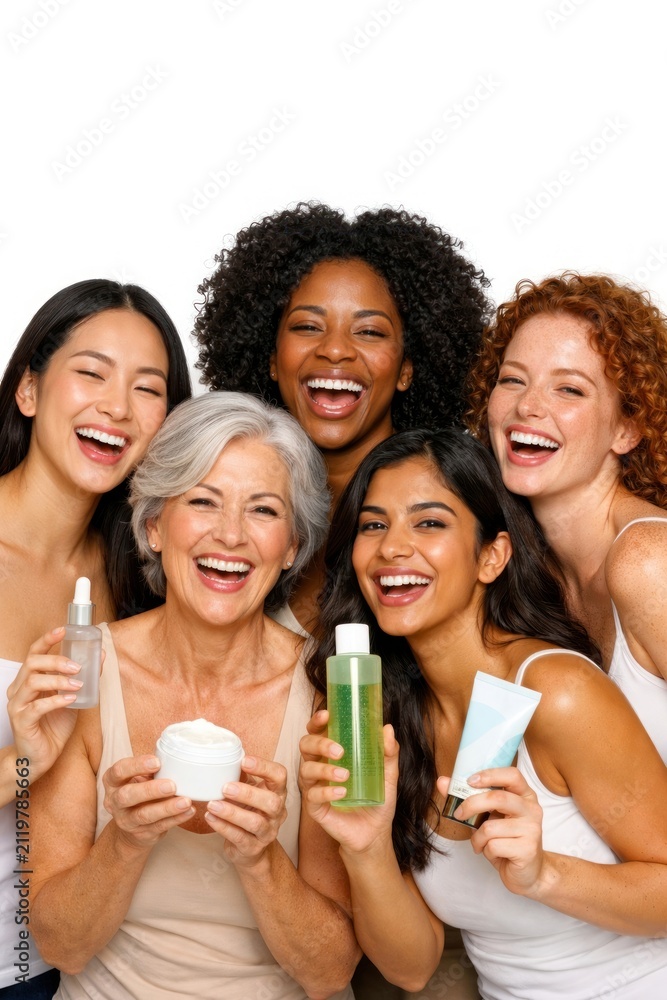 Obraz premium Diverse women showcasing skincare products.