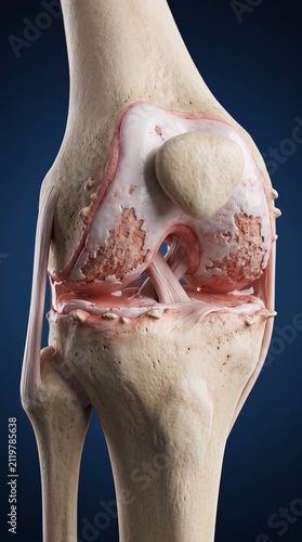 Frontal 3D Medical Render of Osteoarthritic Knee Joint Showing Cartilage Erosion and Exposed Bone