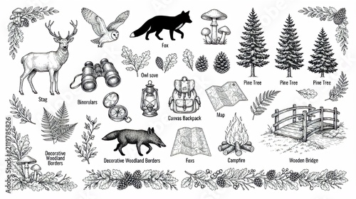 Hand draw woodland and forest elements set, deer, fox, pine trees, and nature items vector illustration