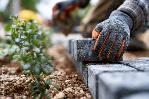 Workers placing decorative block pavers in yard