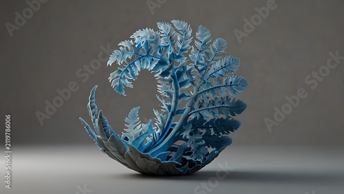 Creative Blue And White Ceramic Spiral Fern Sculpture Bowl Object On A Minimalist Studio Background