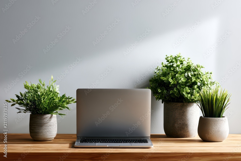 Obraz premium Minimal home office with desk laptop and plants