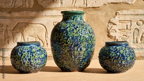 Three textured ceramic vases with vibrant green and blue patterns, displayed against an ancient Egyptian relief wall featuring an elephant and hieroglyphs.