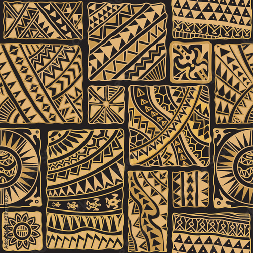 Vector patchwork seamless pattern from golden tribal ornaments on a black background