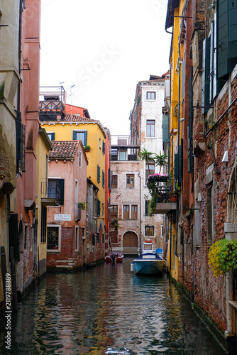 Картината върху платно City of Venice, canal, bridge, gondola boats, alley and colorful local buildings