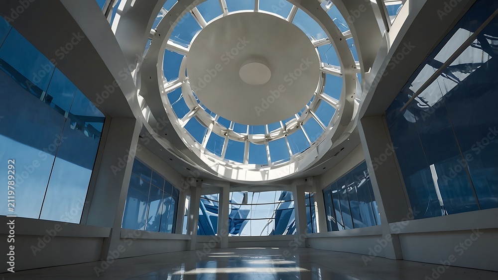 Fototapeta premium Futuristic white interior architecture featuring massive glass dome circular skylight structural ribs and blue tinted windows under bright daylight sky