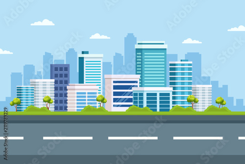 vector illustration of Modern Urban City Skyline With Office Buildings, Roadfront and Green Trees Under Blue Sky.
