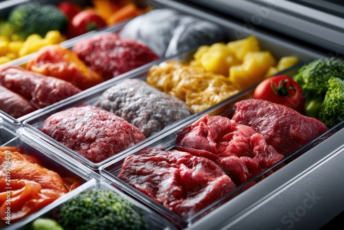 Open refrigerator freezer compartment full of frozen items