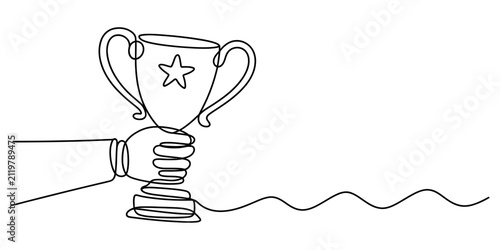 Obraz na plátne A single continuous line drawing of a hand holding up a trophy cup with a star s