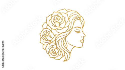 Foto Elegant gold line art illustration of a woman's profile featuring large rose flowers entwined in her flowing hair, minimalist feminine aesthetic isolated on a white background