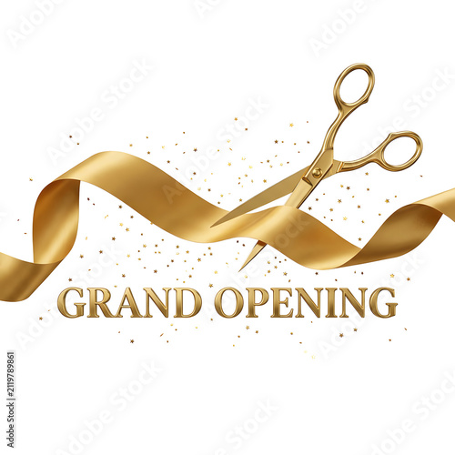 Shiny golden scissors cutting through a flowing satin ribbon with metallic text reading grand opening isolated on white background surface
