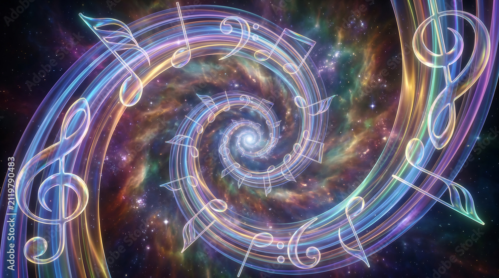 Obraz premium Colorful musical notes swirling in cosmic spiral Generative AI