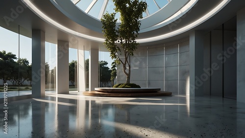 Modern Minimalist Circular Interior Courtyard with Central Bonsai Tree and Potted Plants