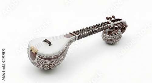 Traditional indian veena stringed musical instrument with carvings white background