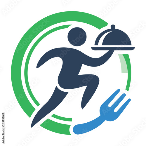 Running delivery person with covered dish and fork