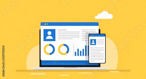 Responsive web design vector illustration with laptop and smartphone graphs