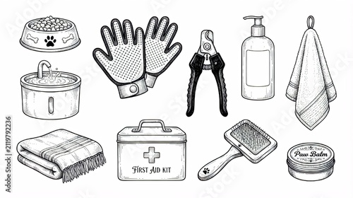 Hand-Drawn Pet Care, Grooming and Healthcare Elements Collection Draw