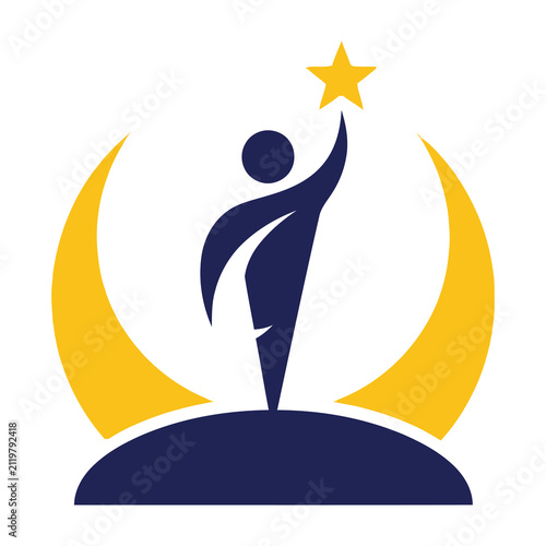 Person reaching for star symbol on crescent moon background