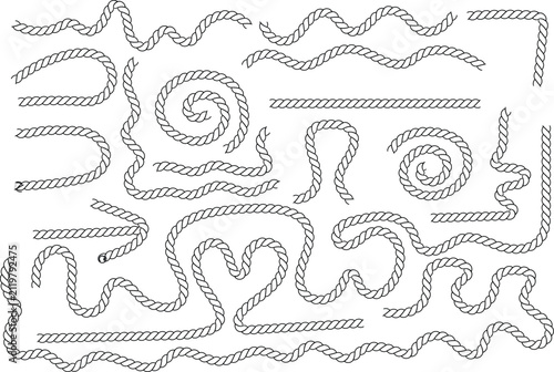 A comprehensive collection of various black outline rope segments and lines on a clean white background
