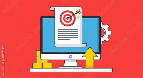 Conceptual business strategy illustration featuring computer and digital marketing goals